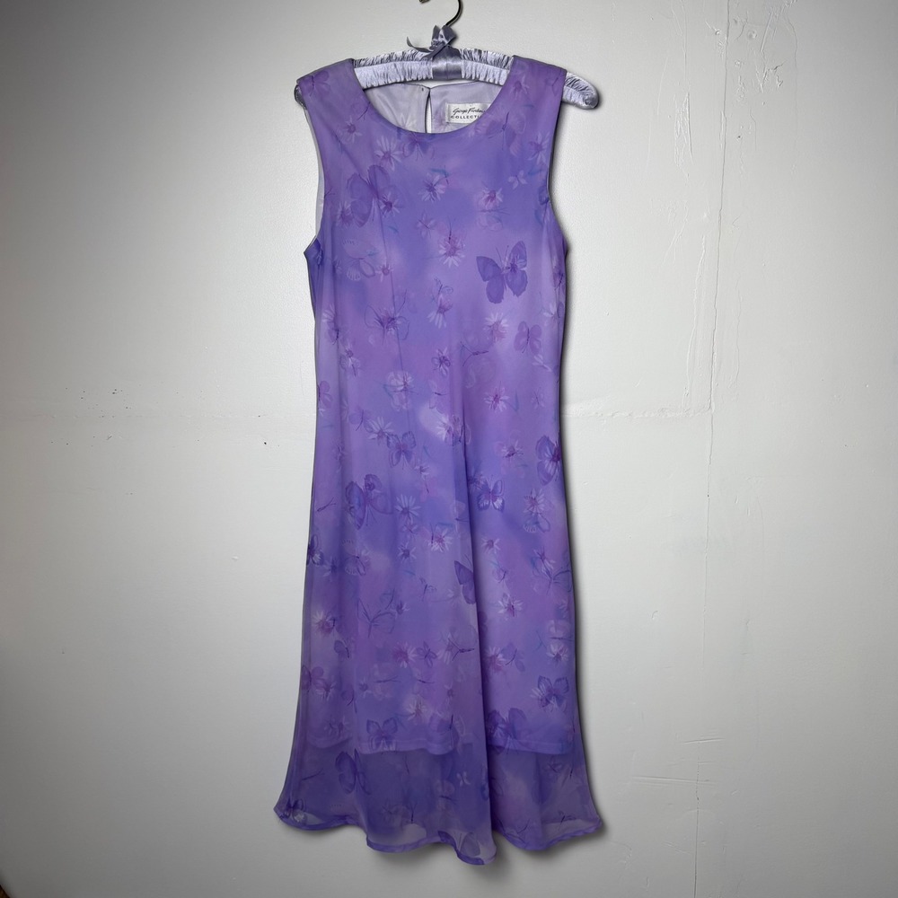 Giorgio Fiorlini Purple Butterfly Floral lined Midi Dress Y2K Whimsical Chiffon